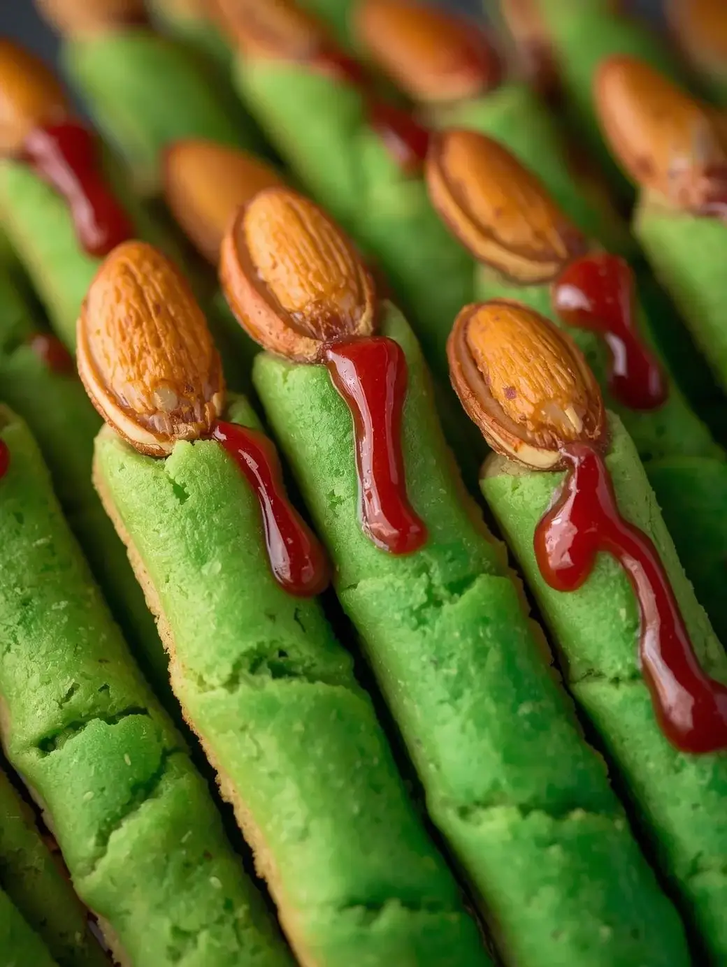 Halloween cookies shaped like witch fingers, made from green cookie dough with almond nails and red jam blood details