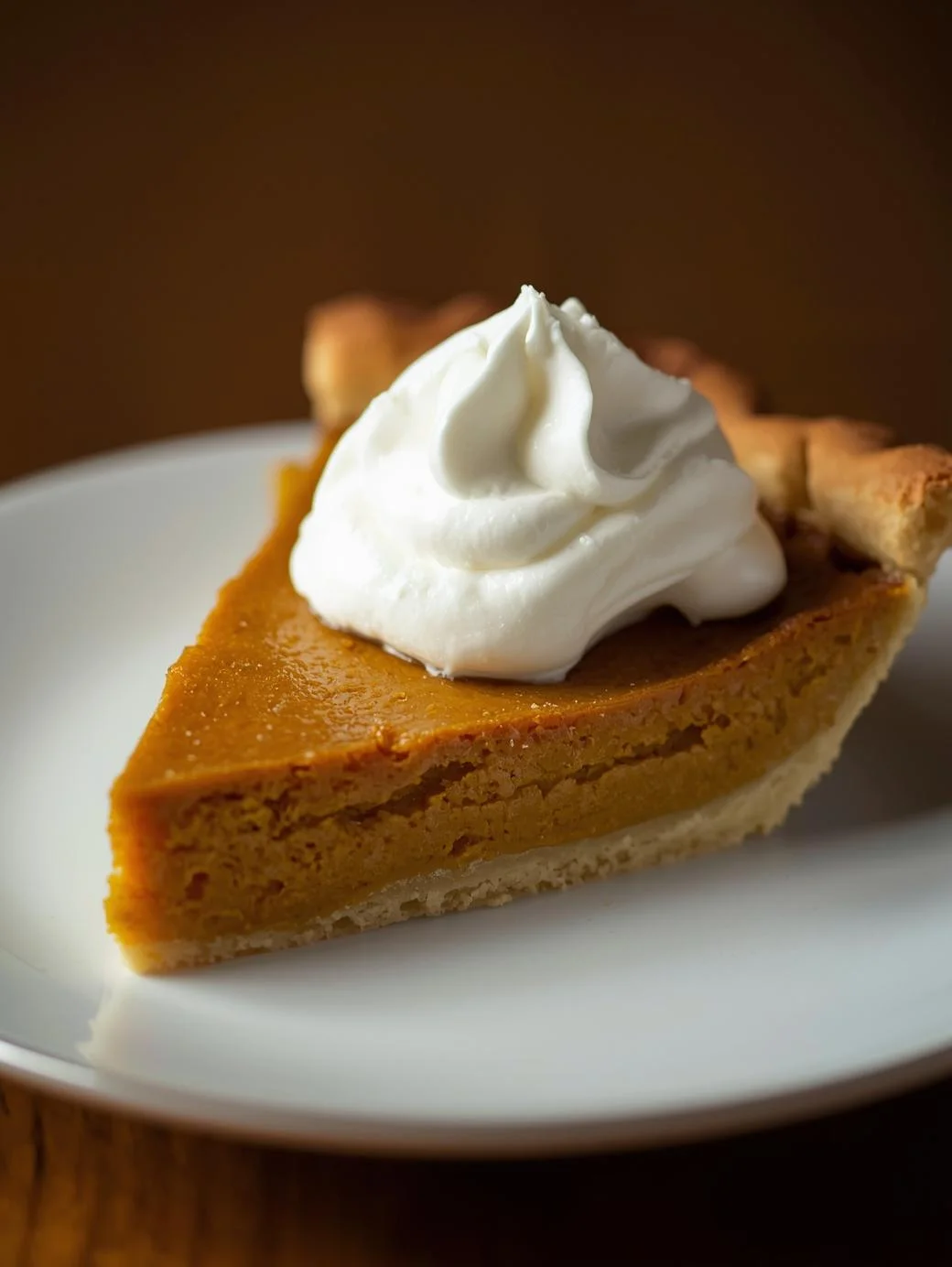 classic pumpkin pie on a white ceramic plate with whipped cream on top