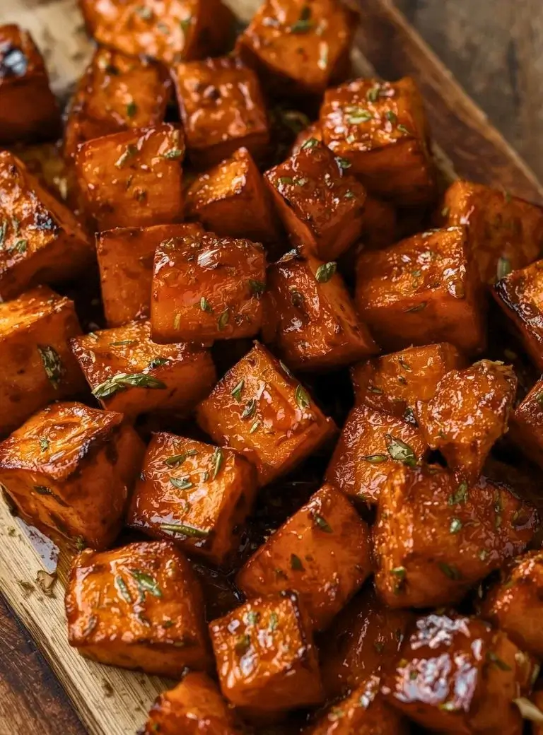 crispy roasted sweet potatoes in cubes