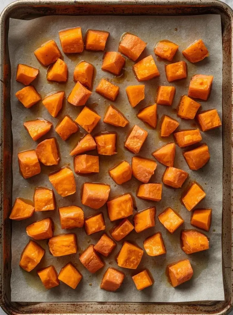 cube shaped sweet potatoes on a baking tray