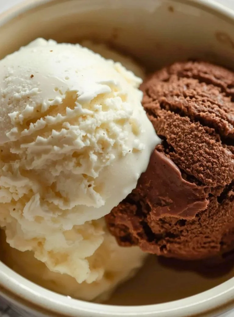 homemade chocolate and vanilla ice cream scoops