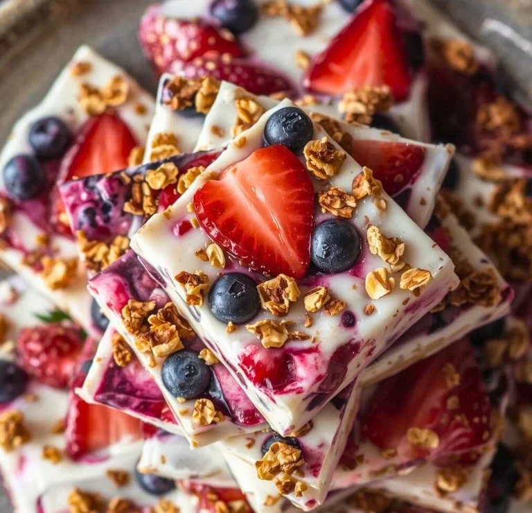Yogurt bark with blueberries strawberries and granola