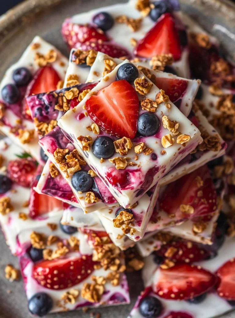Yogurt bark with blueberries strawberries and granola