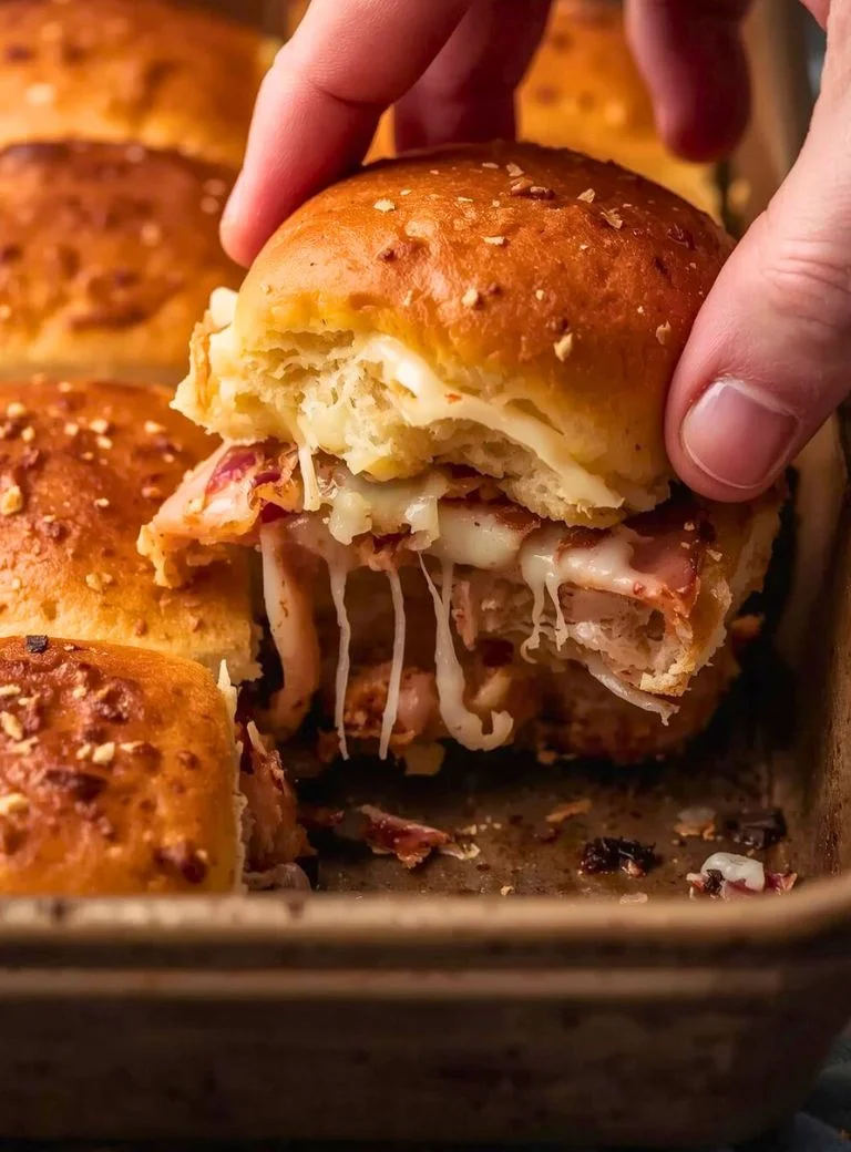a hand pulling up a ham slider