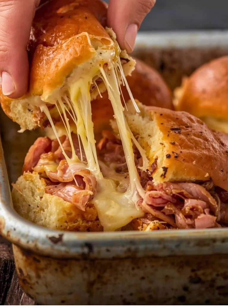 cheesy ham sliders being pulled apart