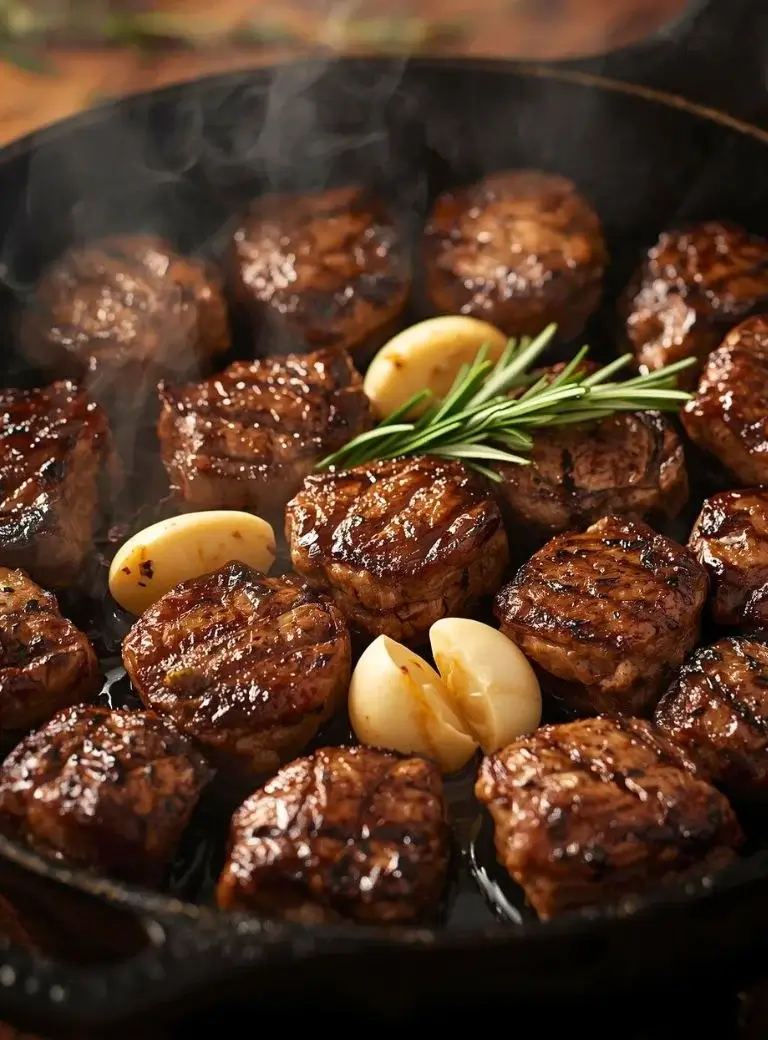 searing steak bites in a pan for garlic steak tortellini