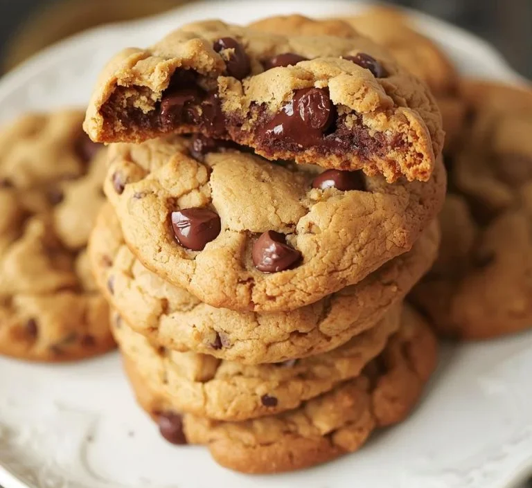 chocolate chip cookies stacked on a white ceramic plate