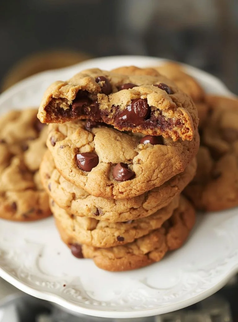 chocolate chip cookies stacked on a white ceramic plate