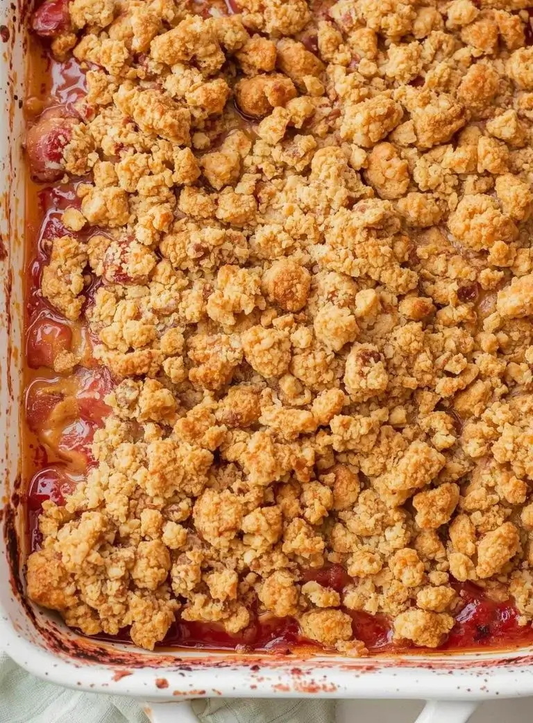 rhubarb crisp in a white ceramic baking tray
