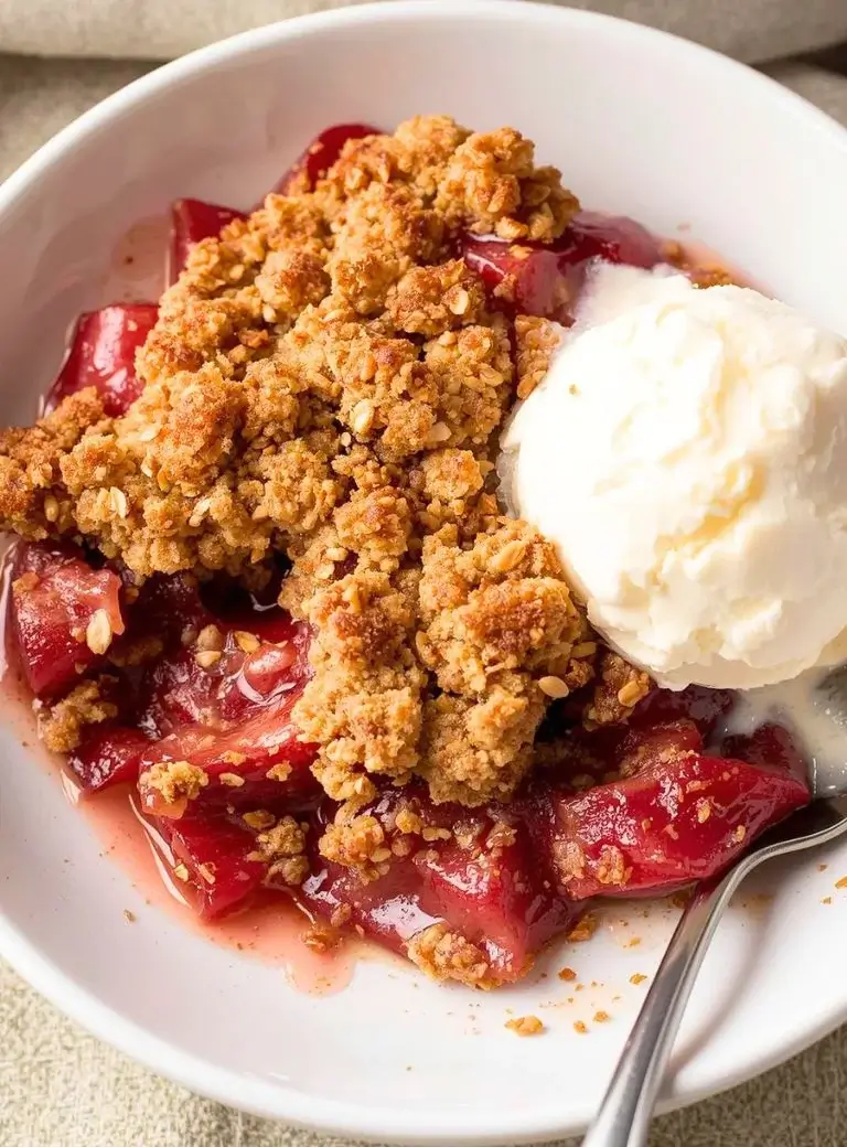 rhubarb crisp in a white ceramic plate served with scoops of vanilla ice cream