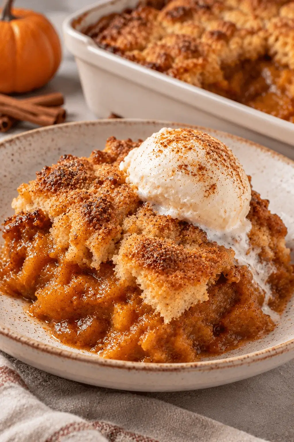 Warm Pumpkin Cobbler with Vanilla Ice Cream